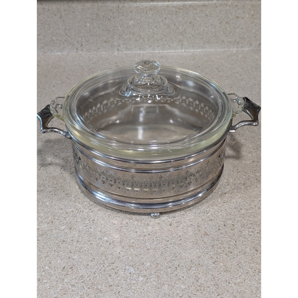 Vintage Pyrex Clear Casserole Dish In Silver Plated Footed Stand With Lid 023